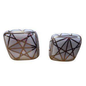 Set Of 2 White Ceramic Drawer Knobs Gold Gray Geometric Design Art Deco